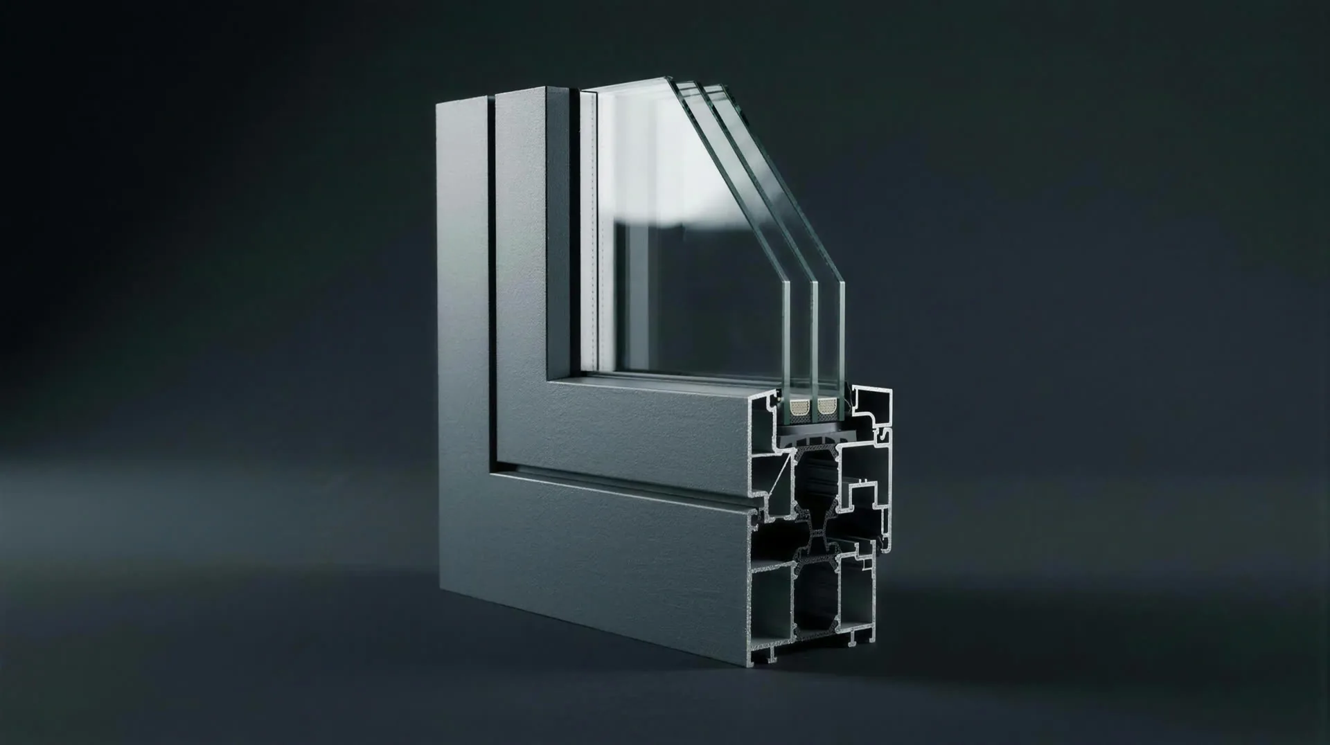 Doorsnede van een aluminium raamprofiel met drievoudige beglazing